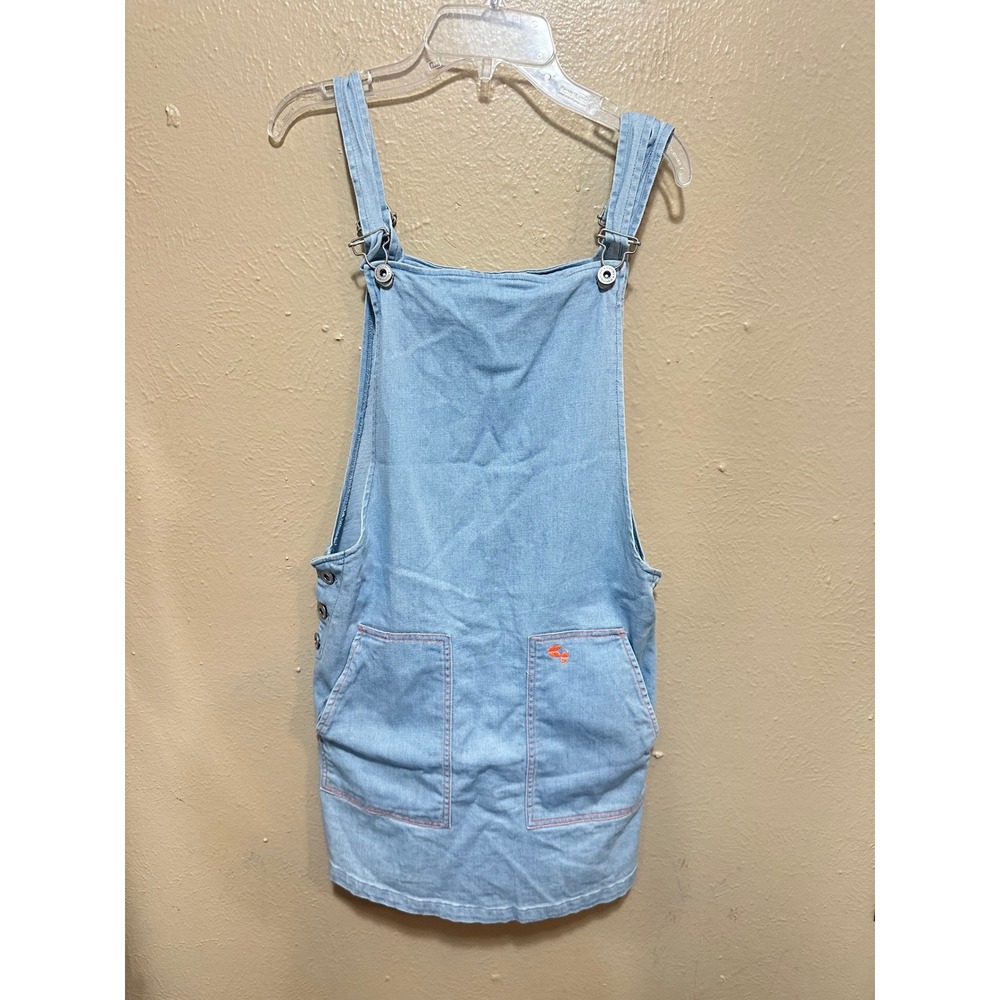 CKS Girls Denim Overall Dress Light Wash Orange Stitching Pockets Size 14
